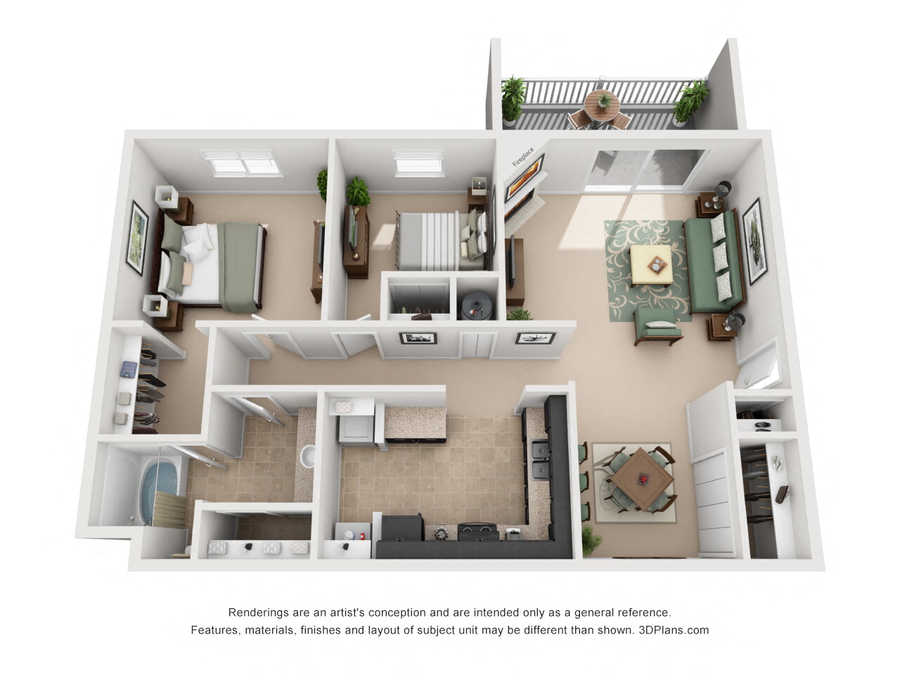 Floor plan for 2 beds, 1 bath, 954 sqft